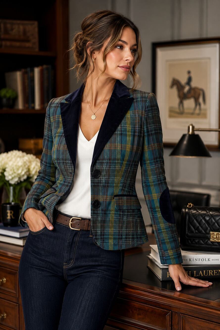 Pink Tartan Women's Plaid Wool Blend Blazer Jacket Blue Green Velvet Trim Size 0